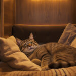 Happy tabby cat relaxing in a cozy cat boarding suite in Denver Colorado