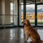Happy golden retriever dog at a modern dog boarding kennel in Denver, Colorado