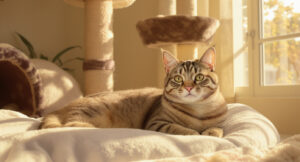 tabby cat relaxing in cat boarding suite in San Diego CA