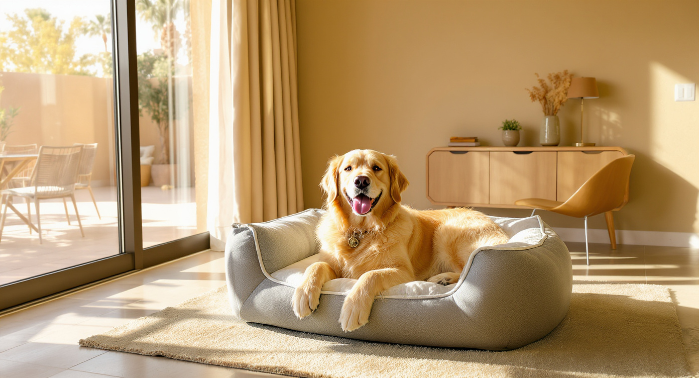 Golden retriever relaxing in a luxury dog boarding suite in Scottsdale AZ 2026