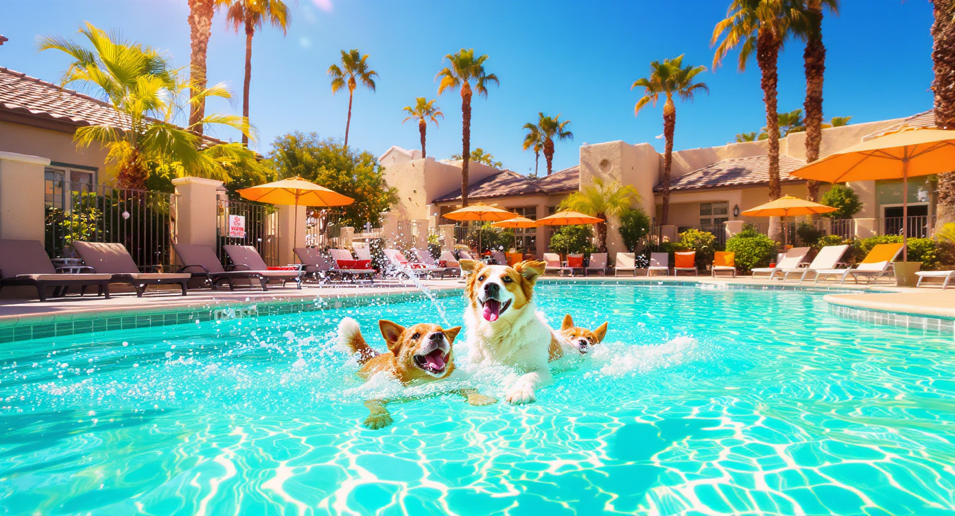 Dogs playing at a luxury dog boarding resort pool in Scottsdale AZ 2026