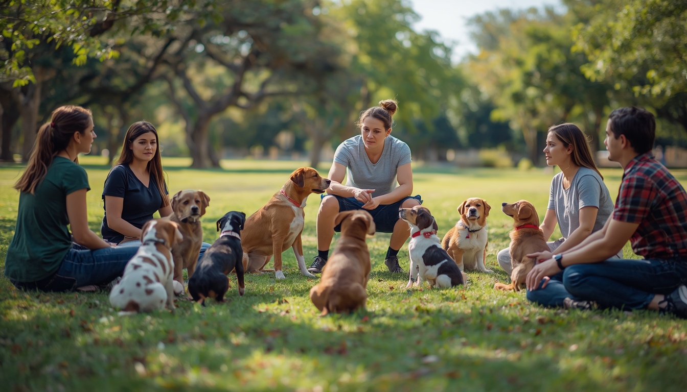 Group puppy obedience training class in Austin Texas park with certified trainer