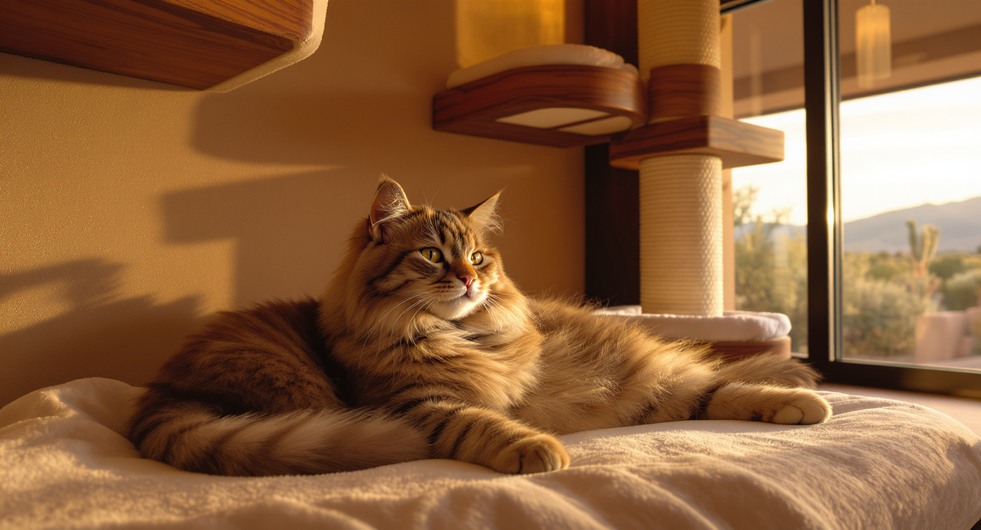Cat relaxing in a luxury boarding suite in Scottsdale AZ — HeiBob