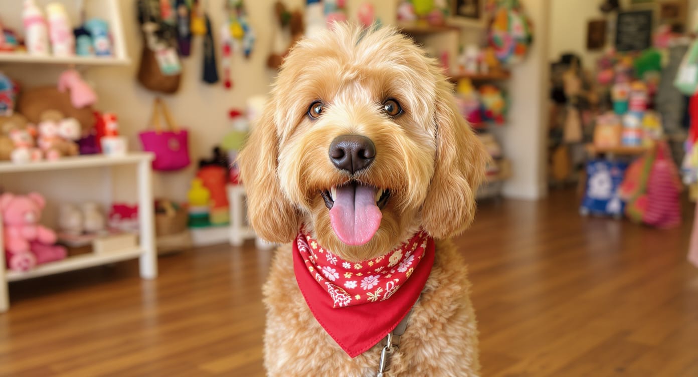 Happy fluffy Goldendoodle freshly groomed at Seattle pet boutique — HeiBob