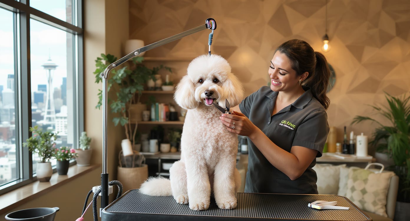 Professional dog groomer trimming a poodle at a Seattle pet salon — HeiBob