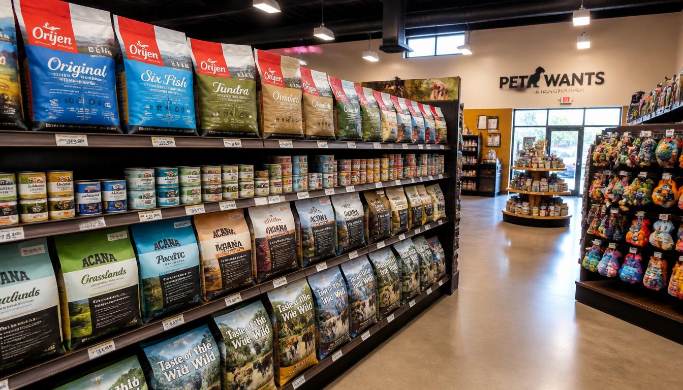 Premium pet food products on shelves at a Houston pet store — HeiBob