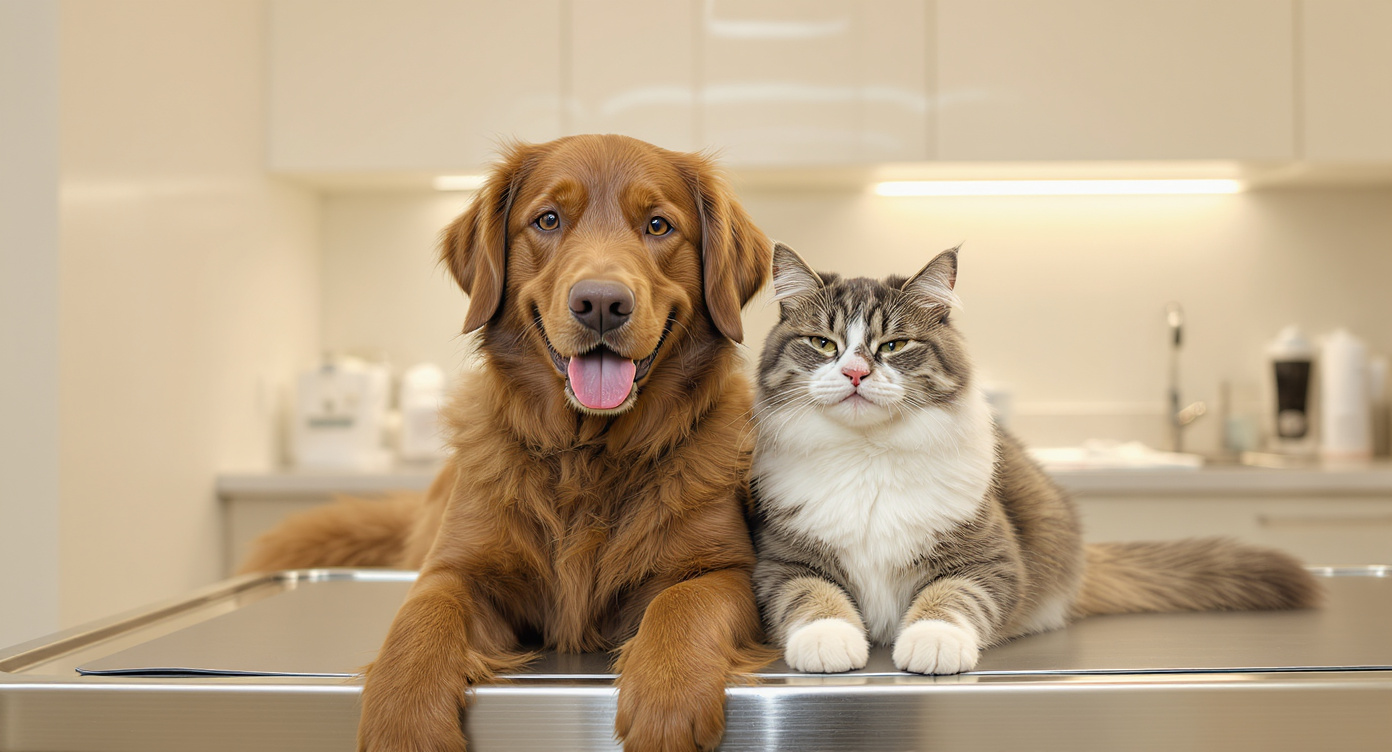 Happy dog and cat on a vet exam table in Phoenix AZ — HeiBob