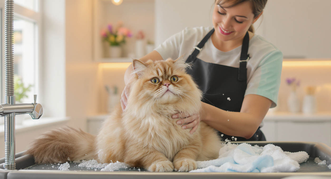 Professional cat groomer bathing a Persian cat in a clean grooming salon — HeiBob