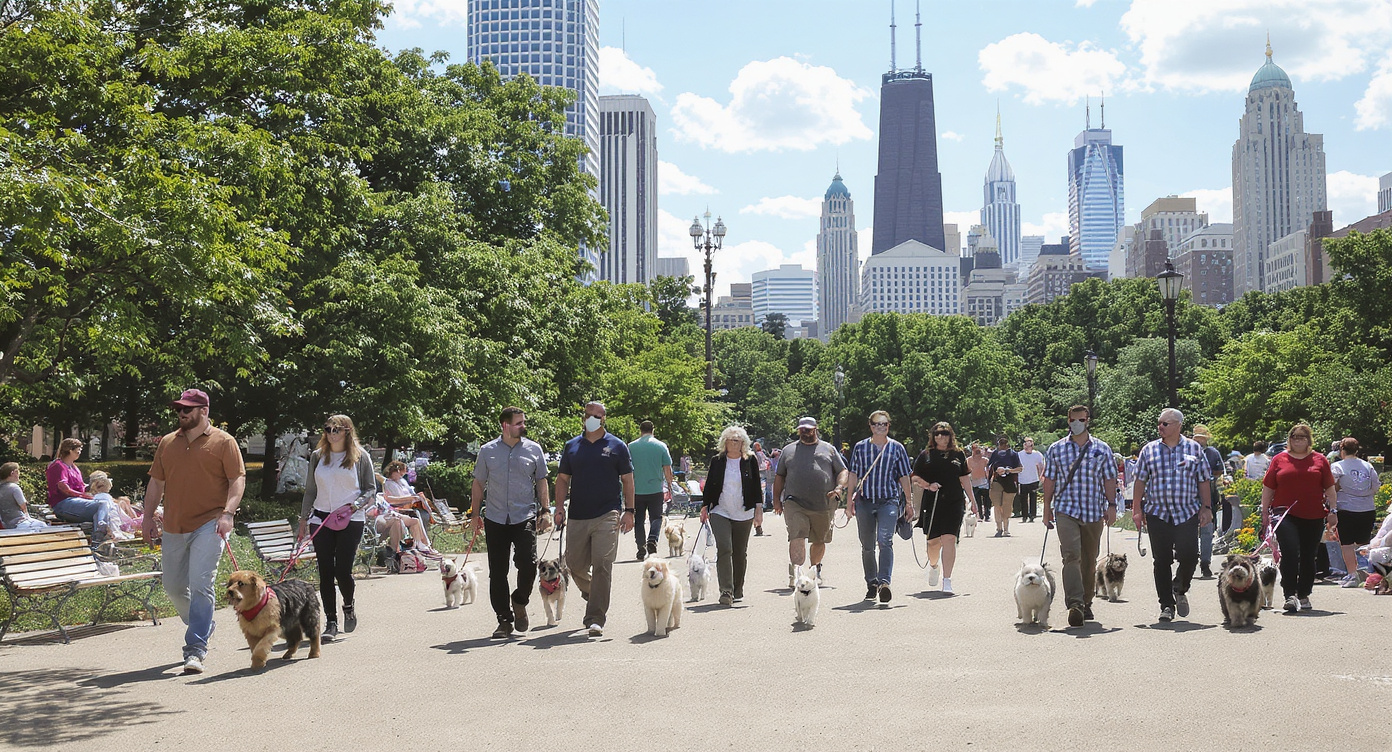 Dog owners walking well-groomed dogs in Lincoln Park Chicago — HeiBob