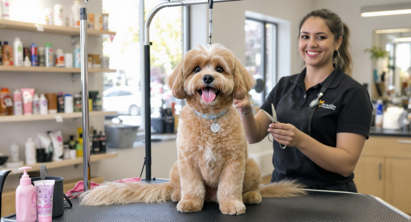 Dog groomer with freshly groomed doodle at Denver pet salon — HeiBob
