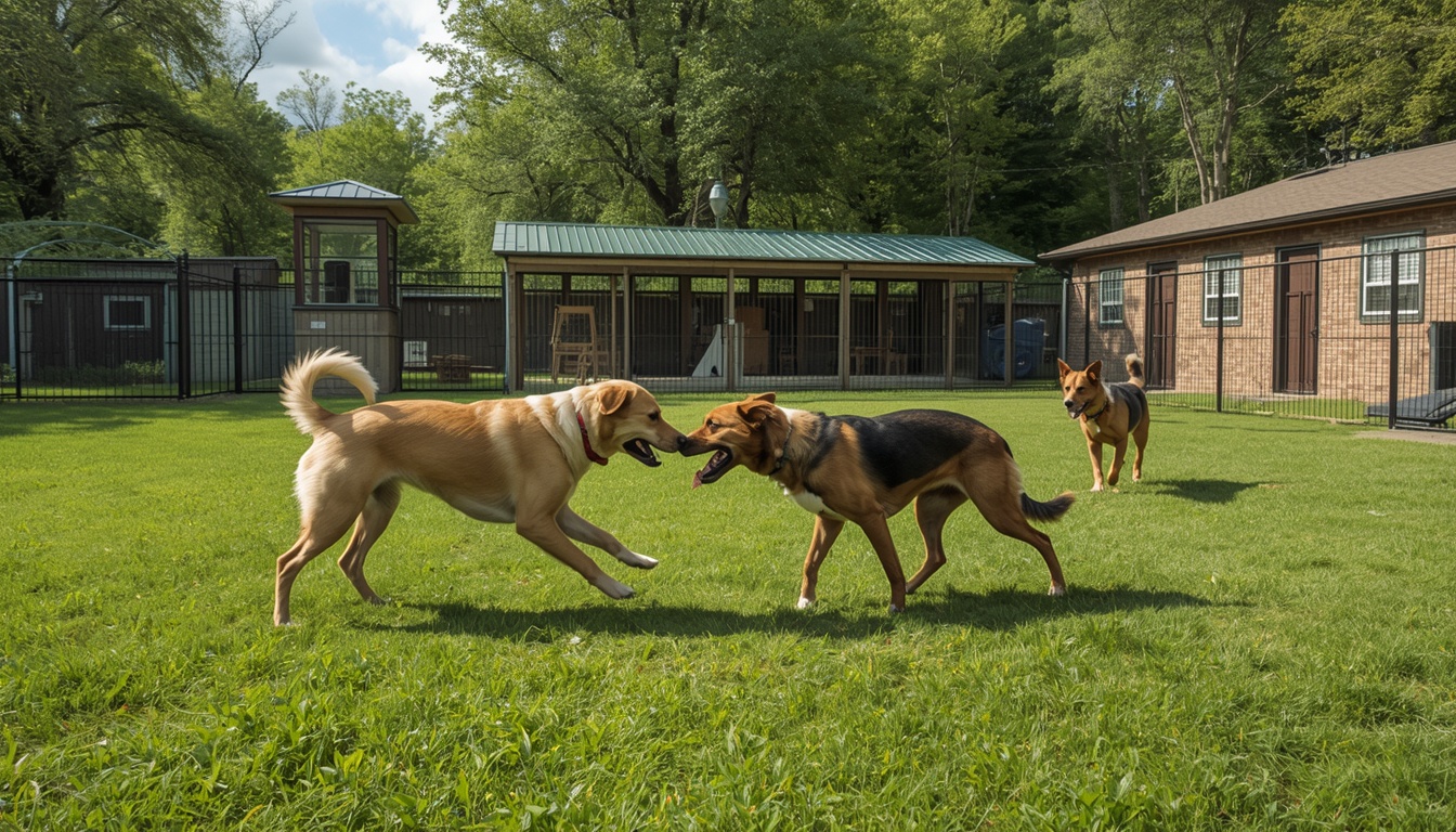 Dogs playing in outdoor daycare yard at Houston pet boarding facility