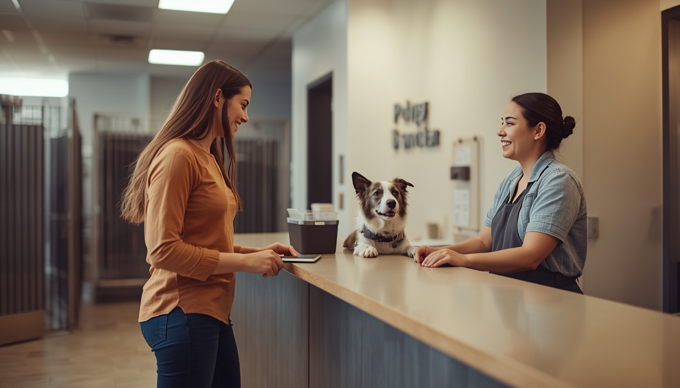 Pet owner dropping off dog at Houston kennel reception desk