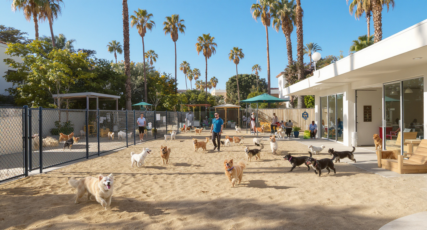 Modern indoor dog boarding facility in San Diego CA with spacious kennels — HeiBob