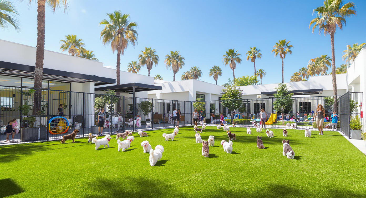 Dogs playing outdoors at a San Diego dog boarding facility with palm trees — HeiBob