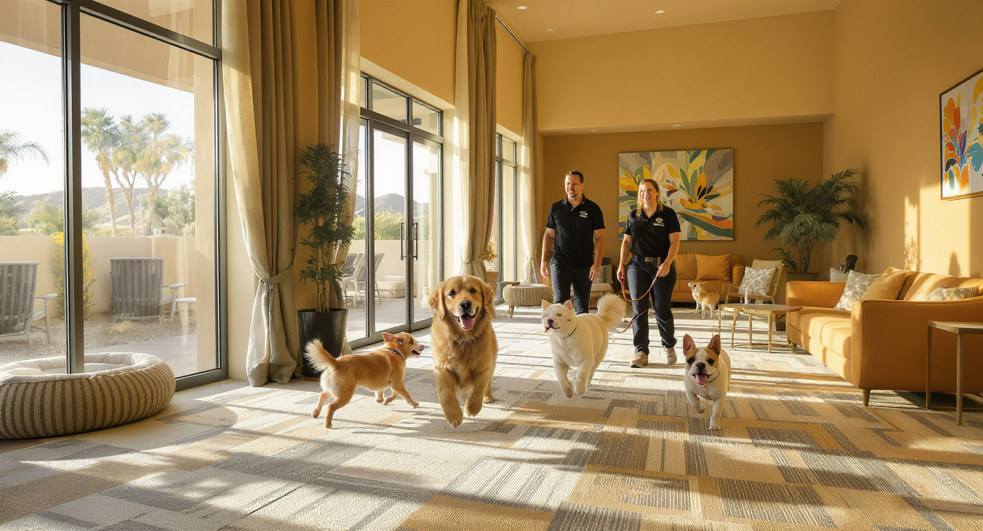 Luxury dog boarding suites in Scottsdale AZ with comfortable beds and cage-free environment