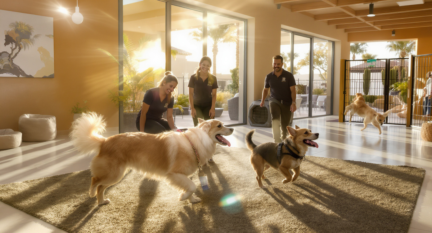 Happy dogs playing at a Scottsdale Arizona pet boarding facility with attentive staff