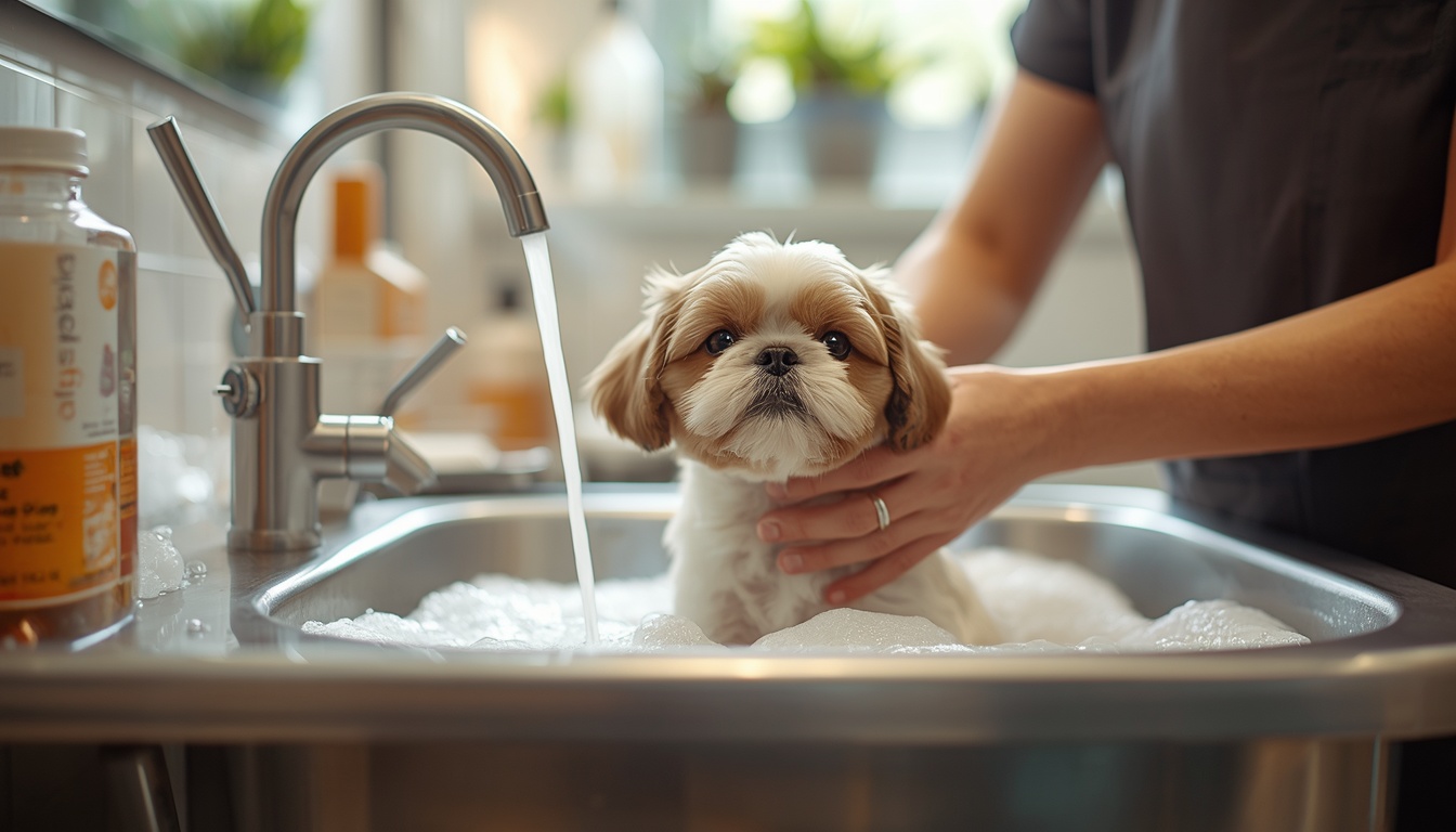 Small dog getting a professional bath at a pet grooming salon in 2026