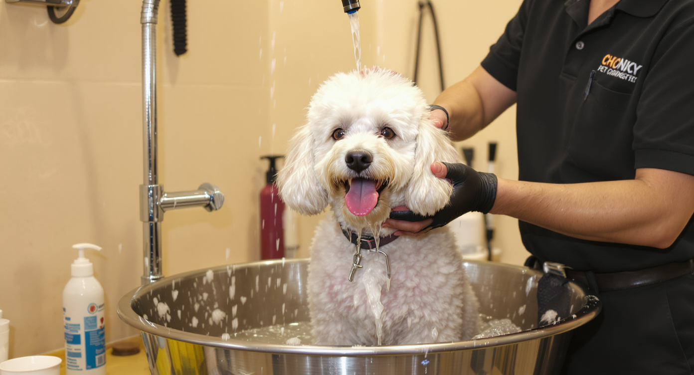 Dog getting groomed at a Chicago pet salon — HeiBob