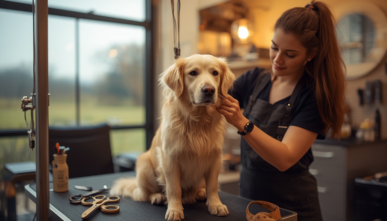 Professional dog groomer trimming a golden retriever at a modern pet salon in 2026
