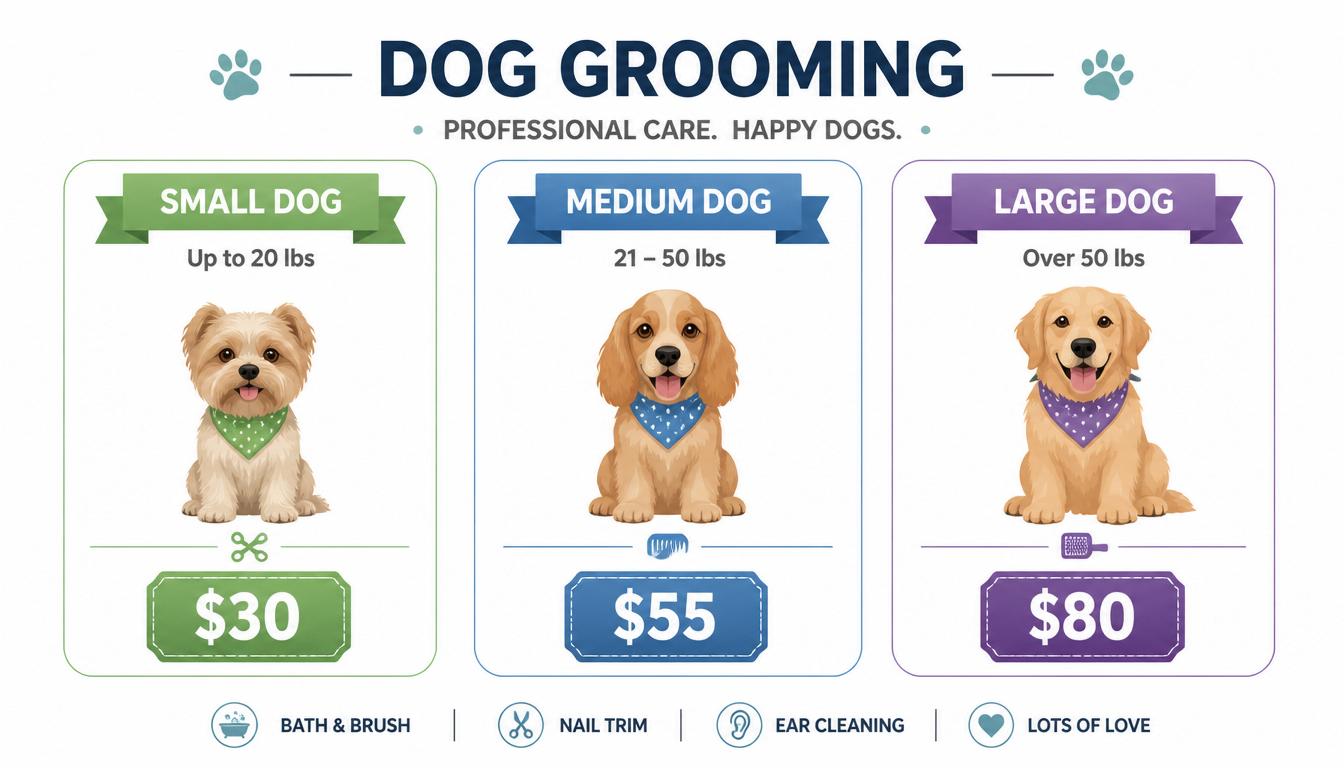 Dog grooming prices by size — small dog $30, medium dog $55, large dog $80 — HeiBob 2026