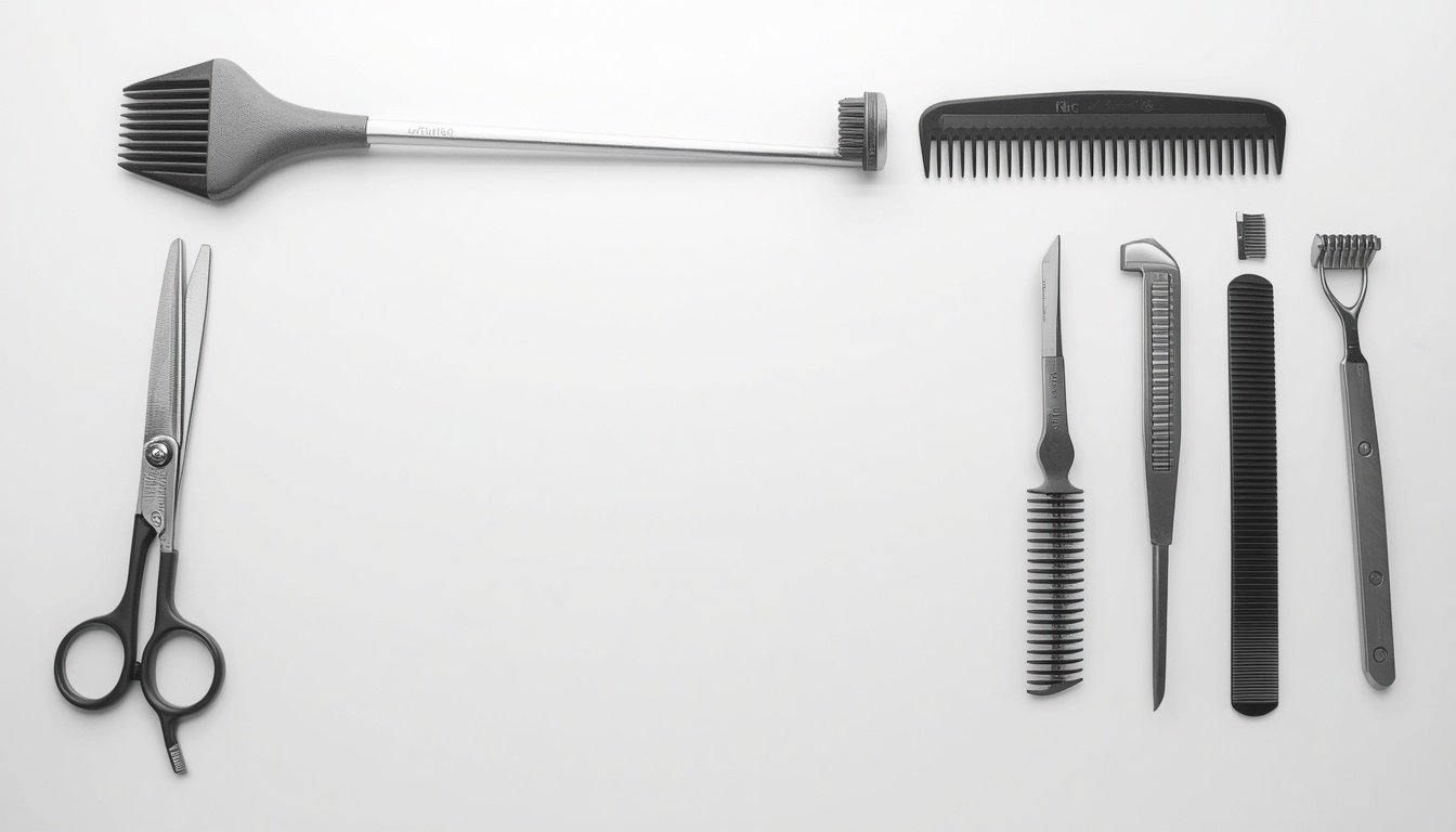 Professional dog grooming tools including scissors, clippers, combs and nail trimmers