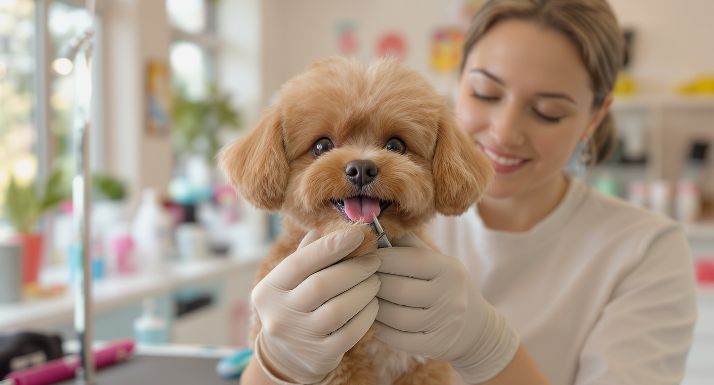 Dog groomer giving a small dog a nail trim — add-on service costs at pet grooming salons — HeiBob