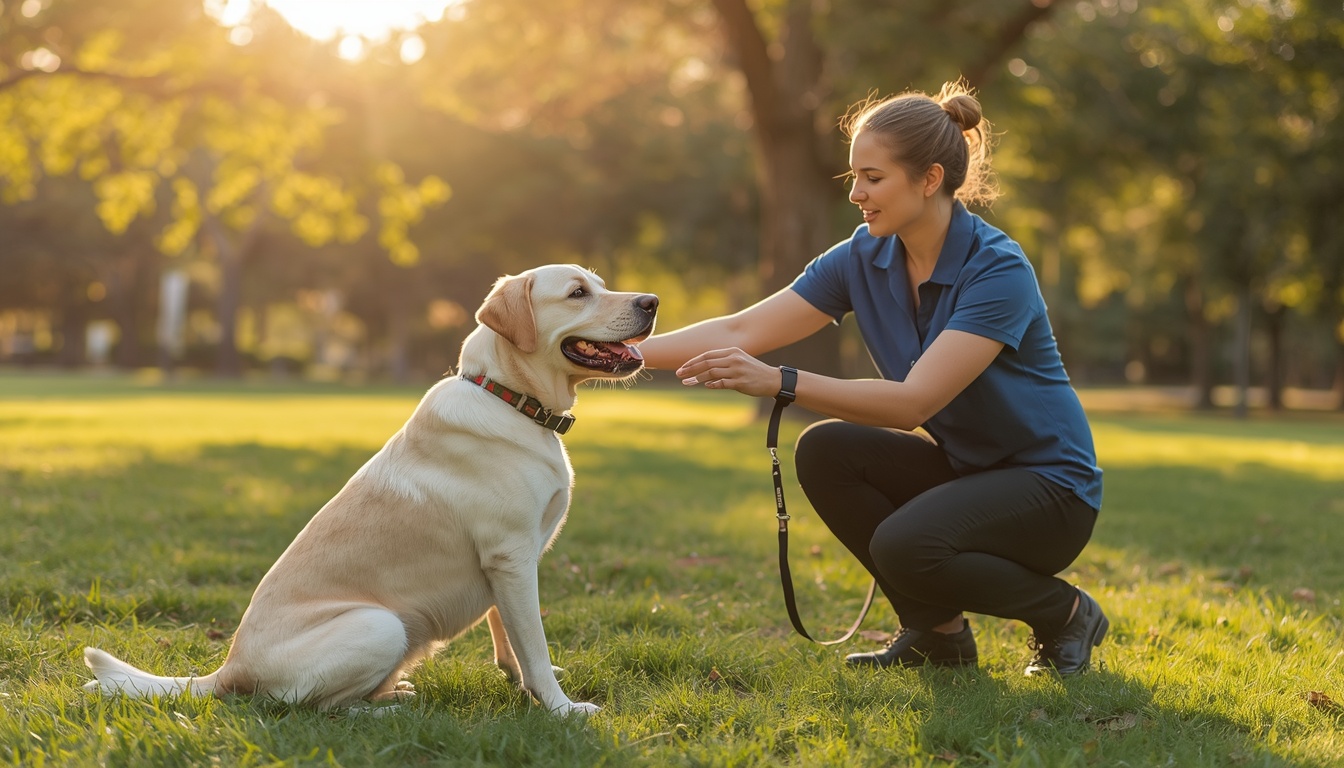 Dog trainer teaching obedience commands to a labrador in an Austin park
