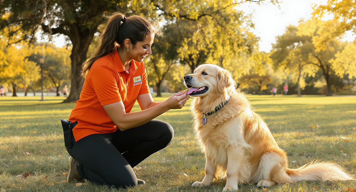 Dog trainer working with golden retriever in Austin TX park — HeiBob