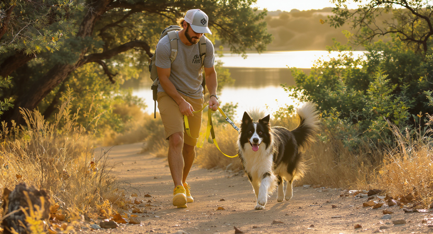 Leash training a dog on Austin Texas hike and bike trail — HeiBob