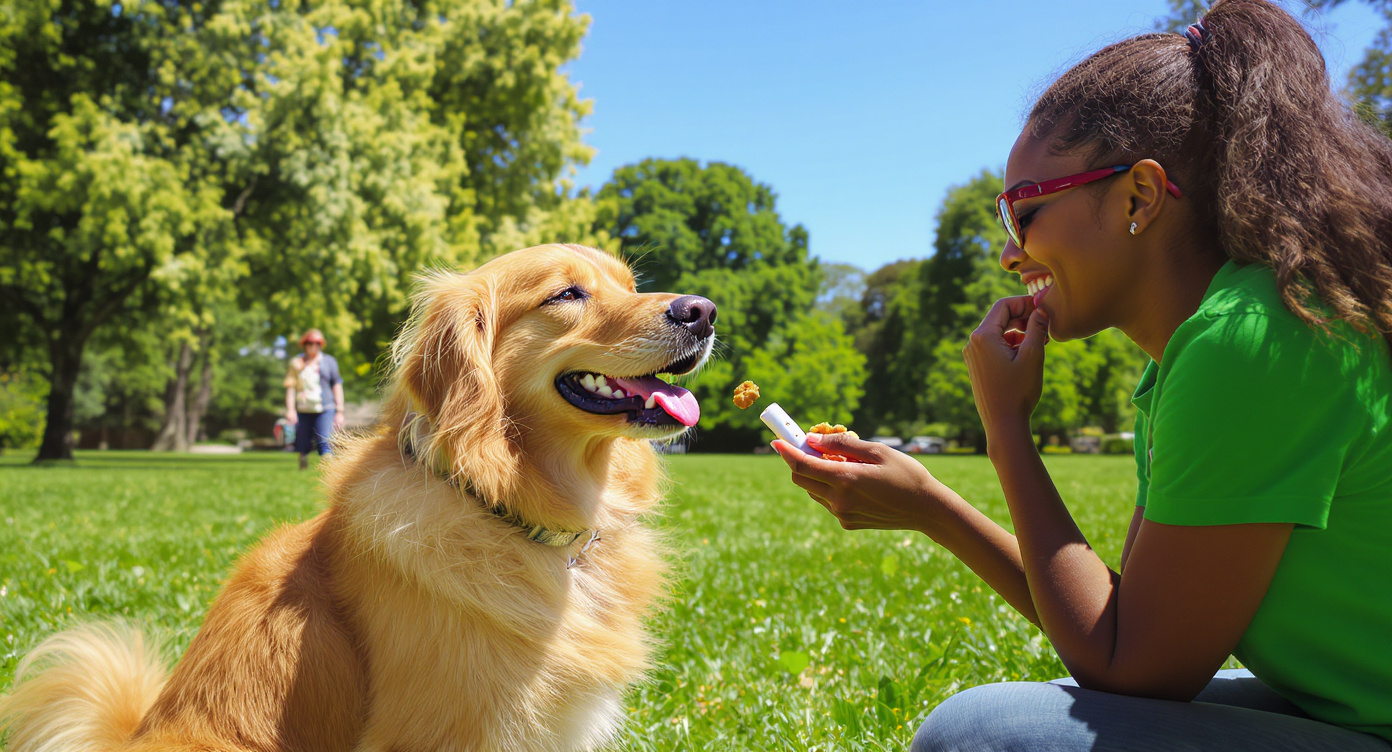 Dog clicker training obedience session in park — HeiBob