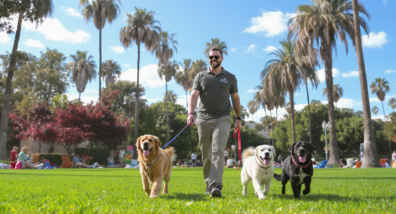 Professional dog walker with dogs in Los Angeles park