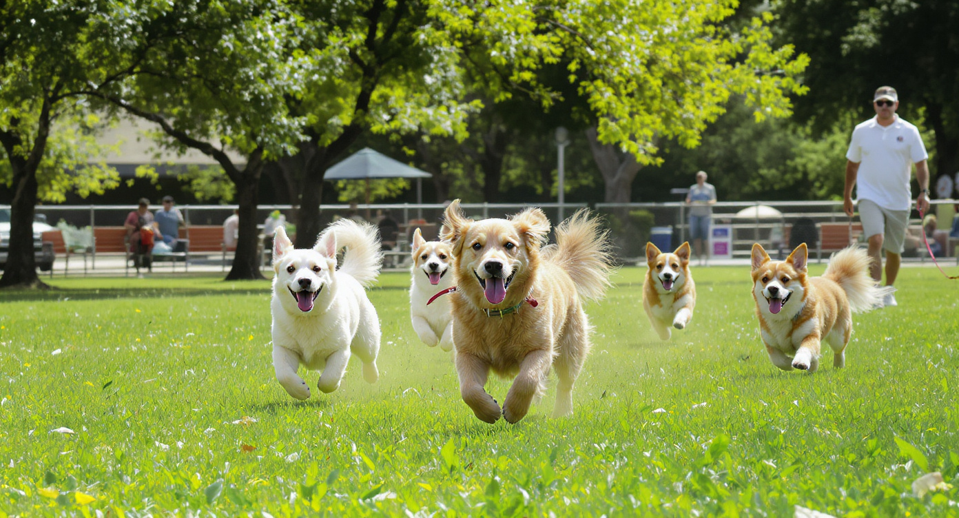 Happy dogs playing in off-leash dog park in Houston Texas
