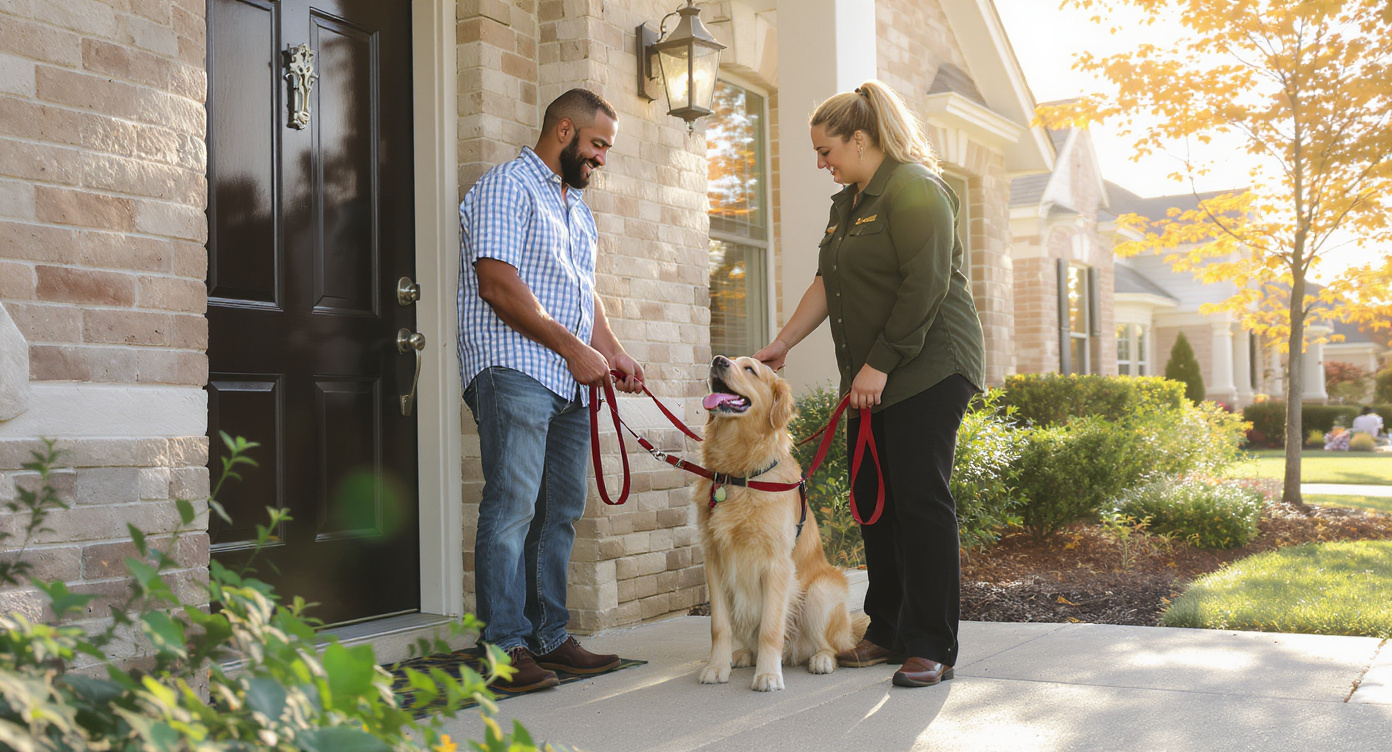 Dog owner handing leash to professional dog walker in Houston TX