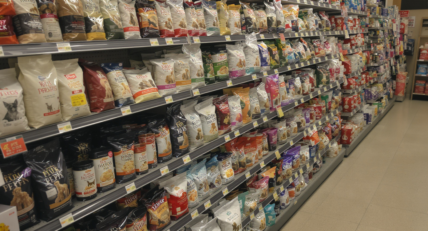 Well-stocked aisle at a Houston TX pet store with pet food and supplies