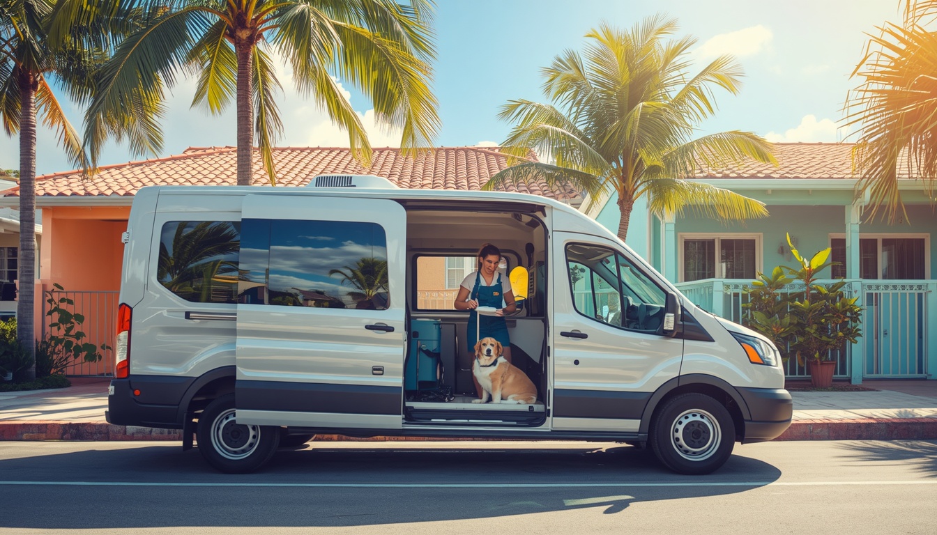 Mobile dog grooming van in Miami FL - convenient at-home pet grooming service
