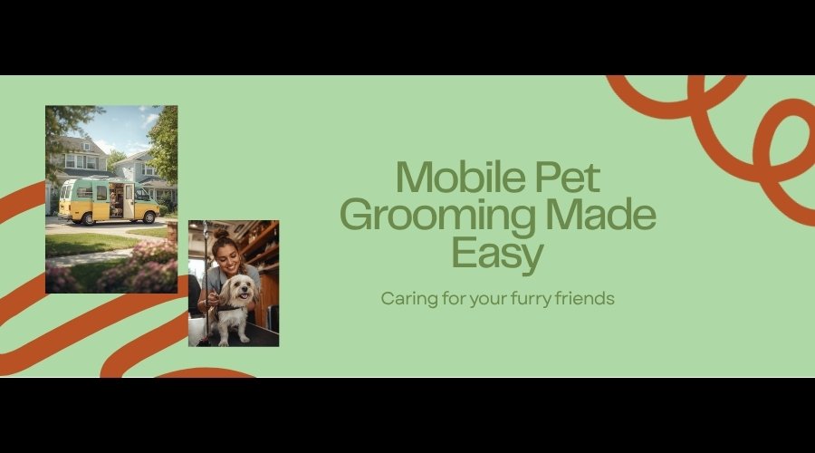 Mobile pet grooming van parked outside a home providing convenient door-to-door grooming service