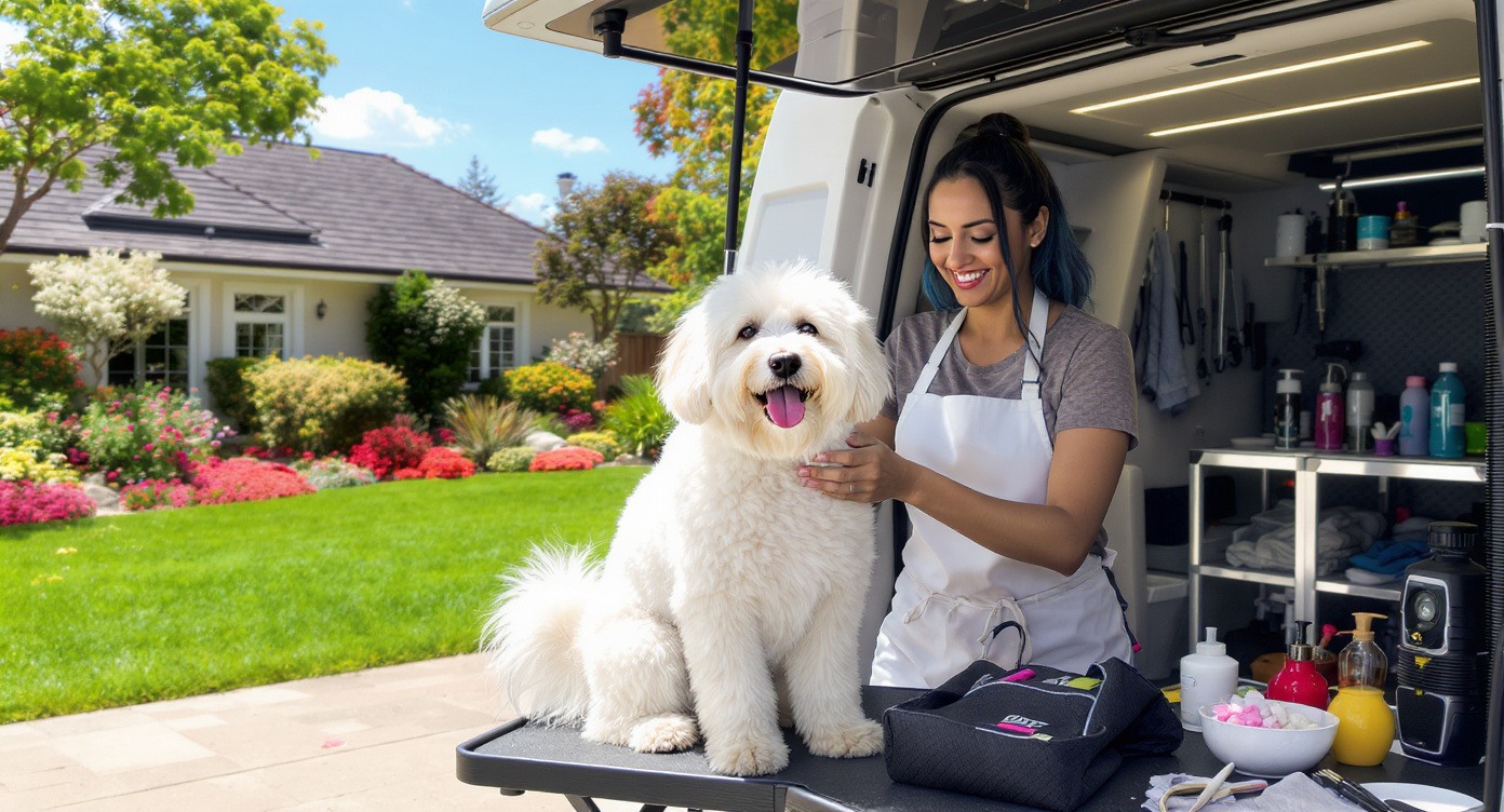 Mobile pet grooming van with fluffy dog outside suburban home