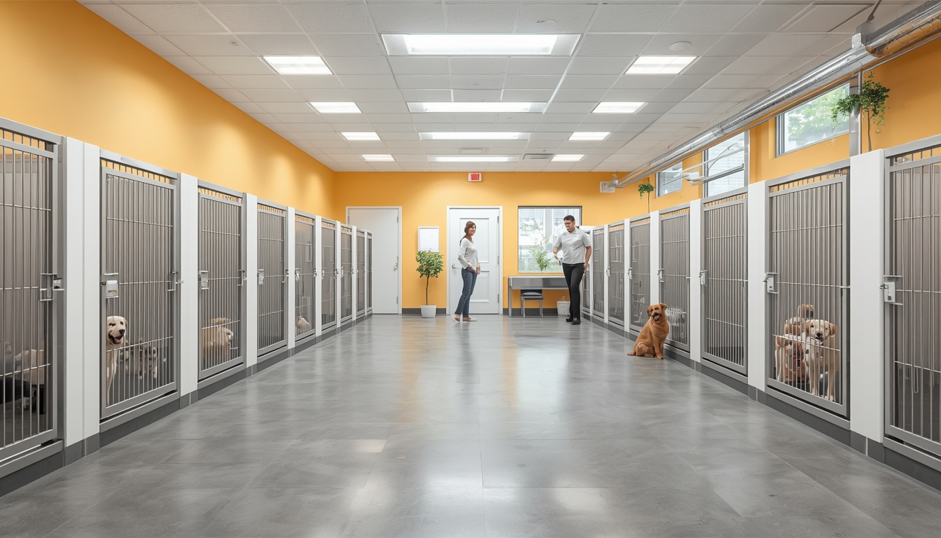 Modern clean pet boarding facility with happy dogs in spacious kennels — HeiBob
