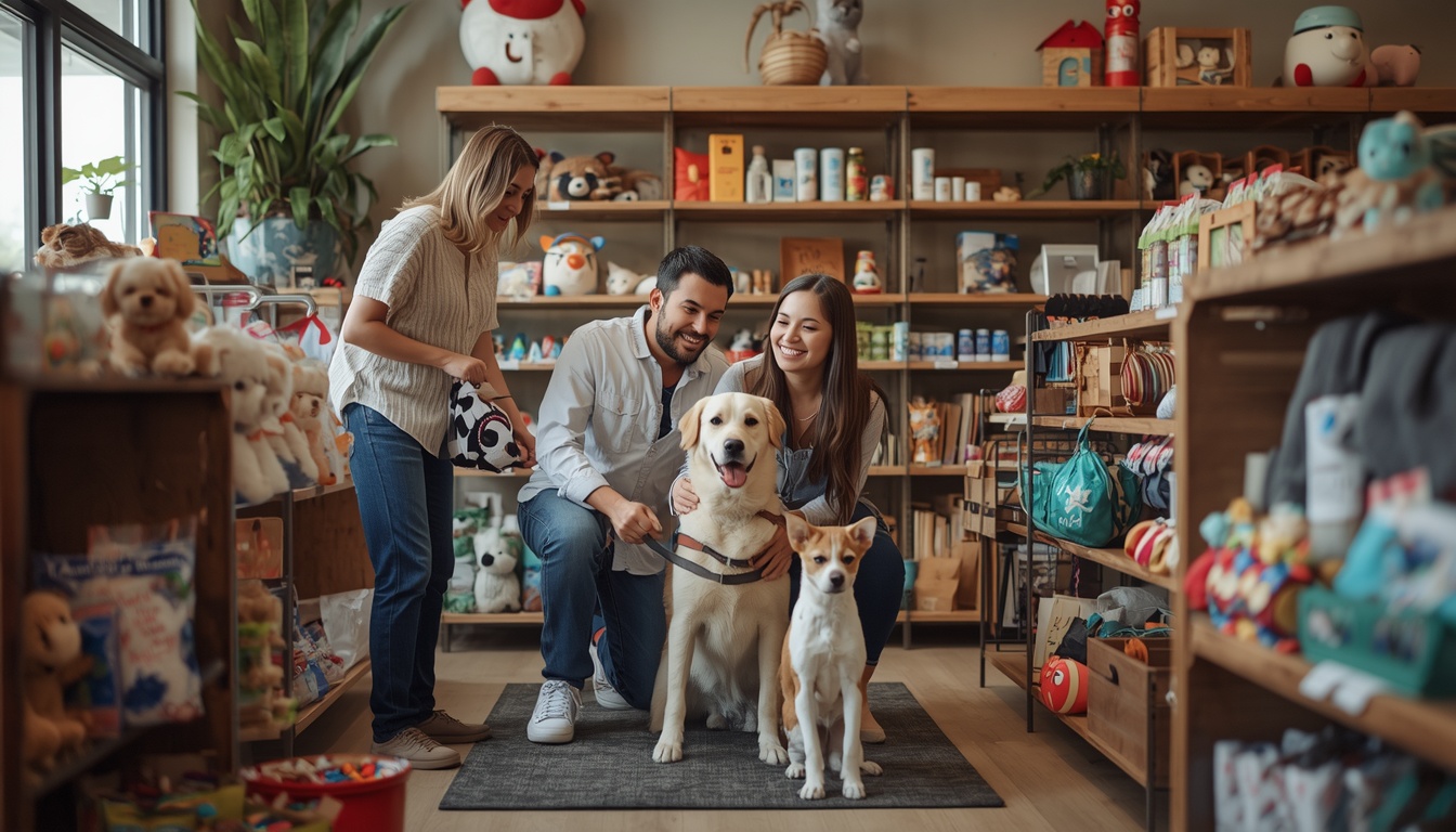 Family with dog at local Houston pet shop browsing pet supplies