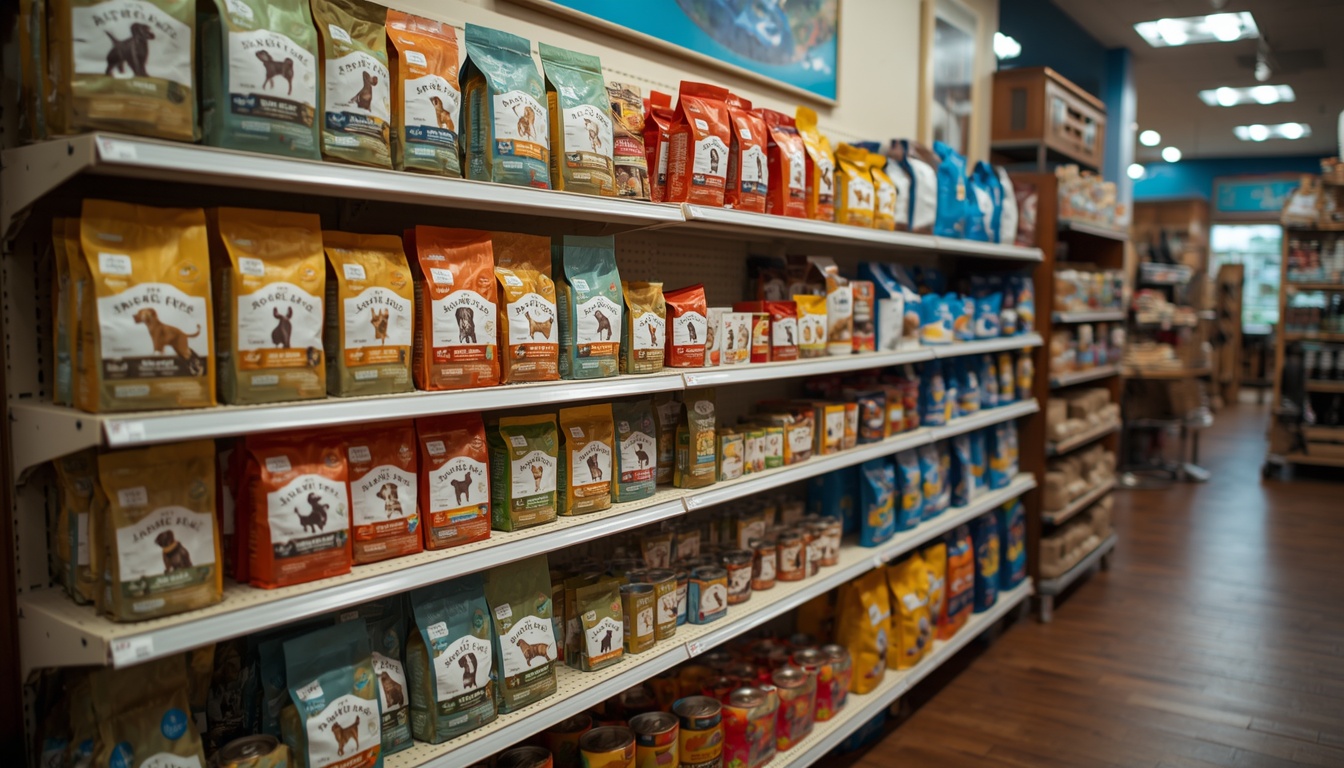 Premium pet food and supplies shelves at Houston pet shop