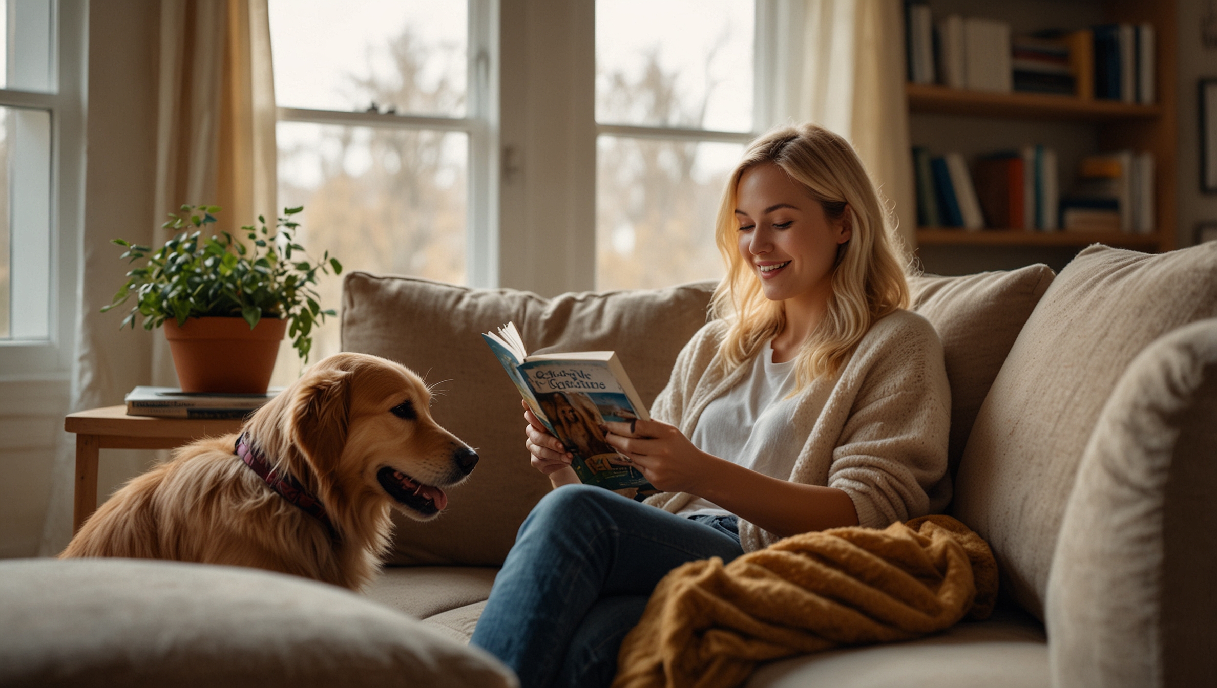 Friendly pet sitter relaxing at home with a golden retriever dog — in-home pet sitting