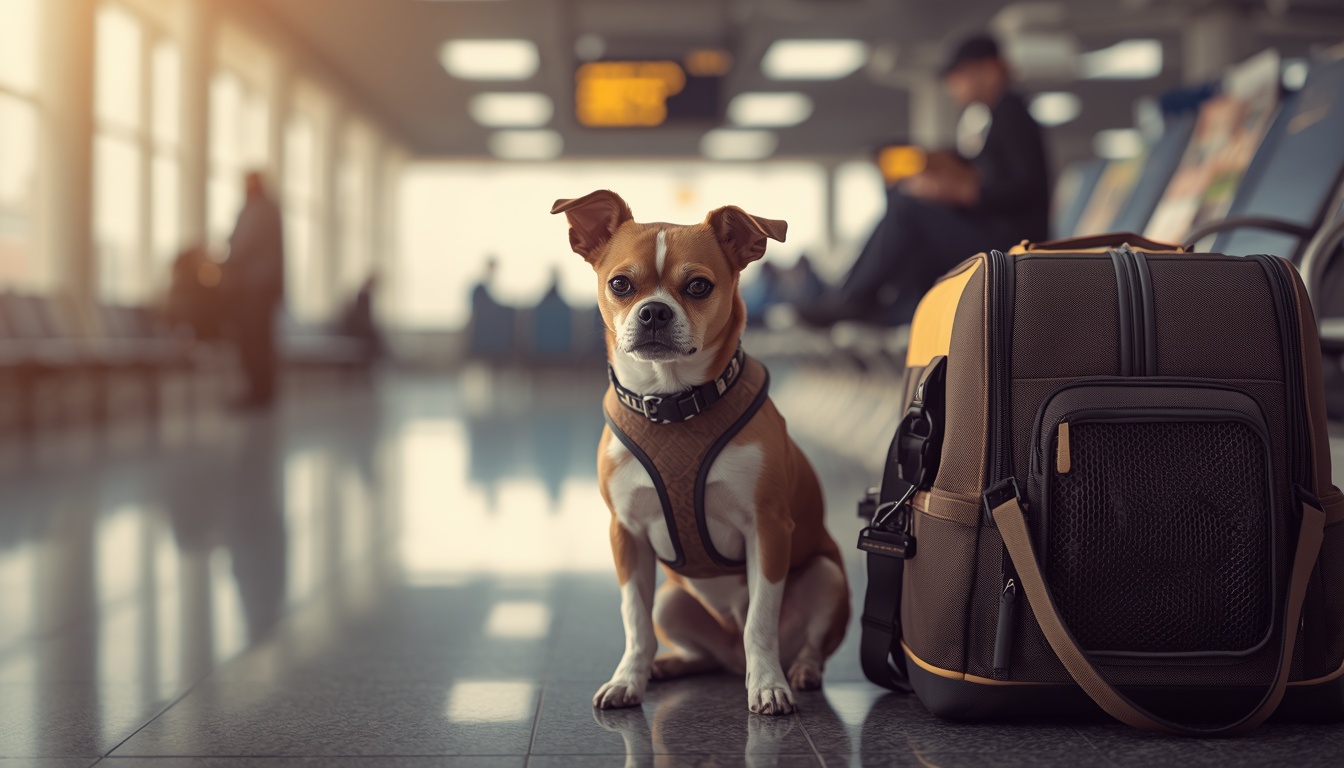 Small dog at airport with pet carrier bag — HeiBob