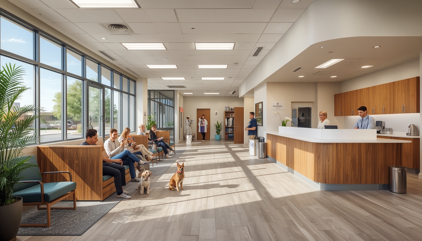 Modern animal hospital waiting room in Phoenix AZ with pets and owners