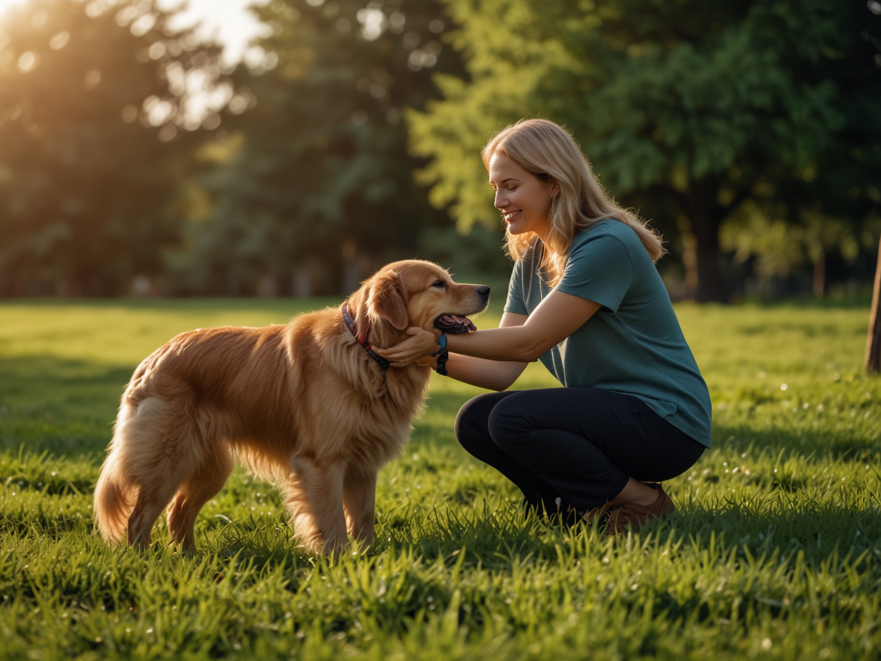Trainer using positive reinforcement with golden retriever outdoors — HeiBob