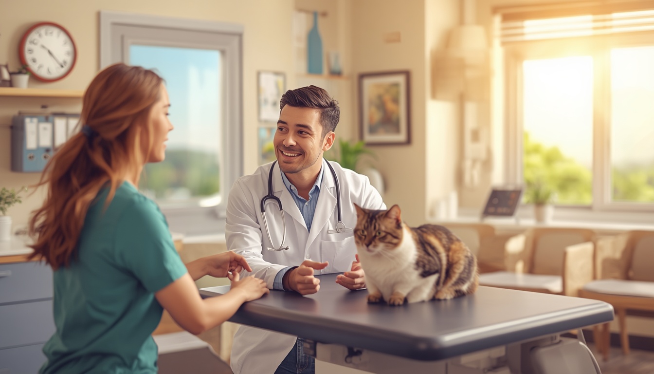 Pet owner consulting with veterinarian during routine cat checkup at regular vet clinic