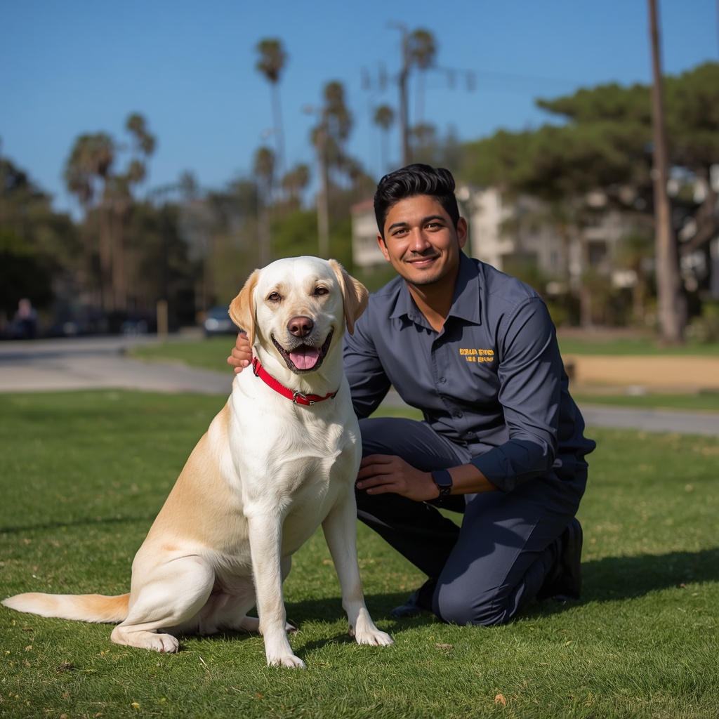 Certified dog trainer with labrador retriever in sunny San Diego park — HeiBob