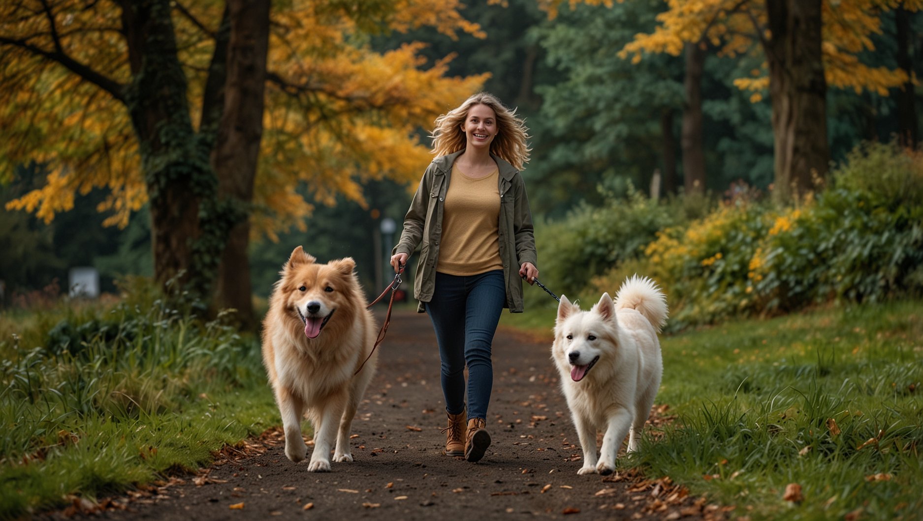 Dog walker with two dogs in Seattle park