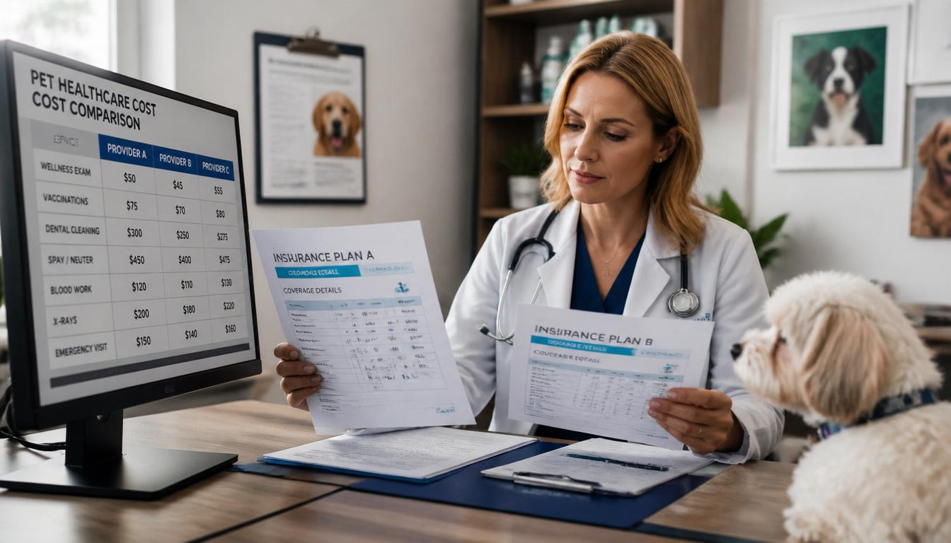 Veterinarian reviewing pet insurance and vet cost comparison — HeiBob