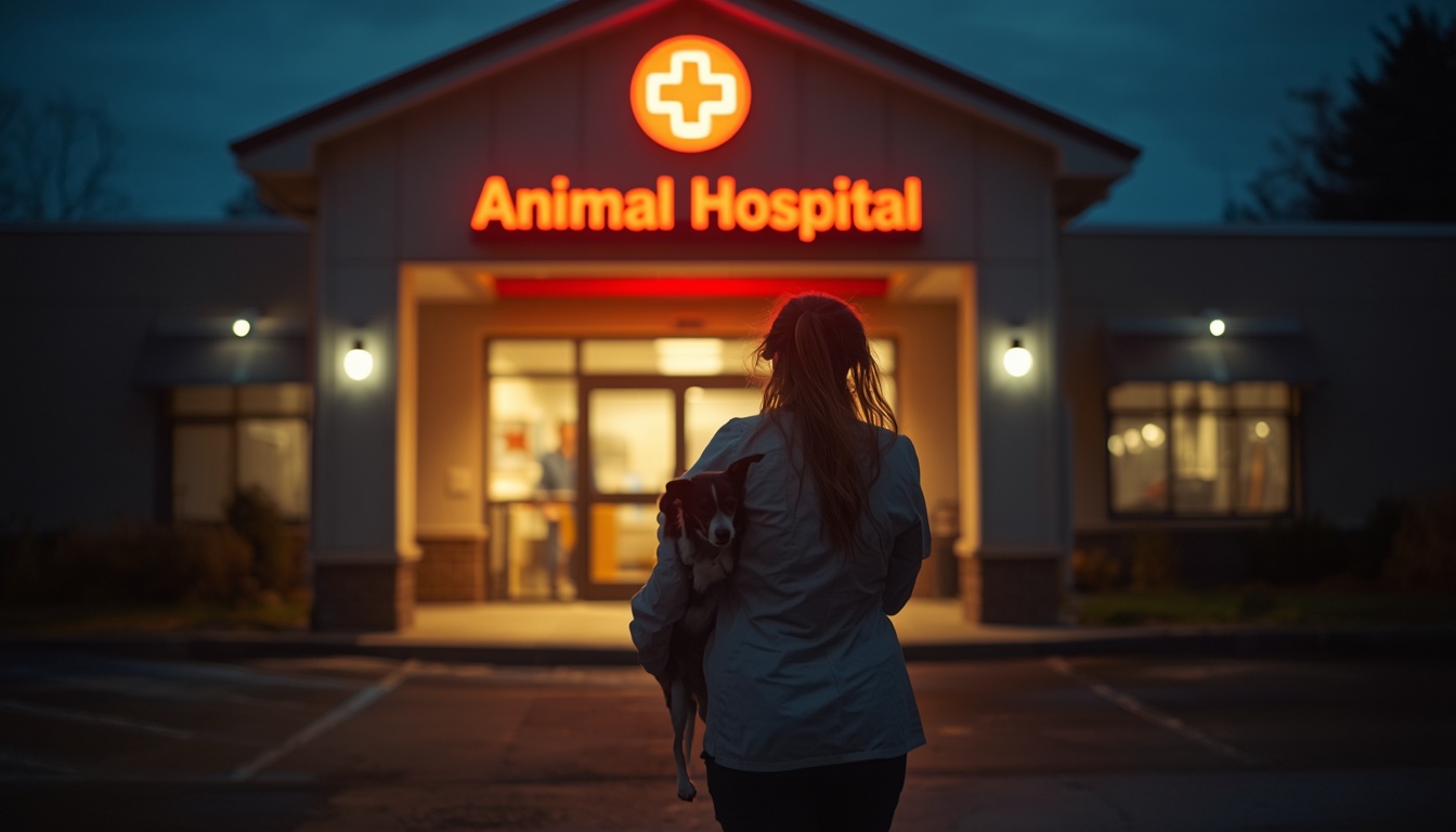 Person rushing dog to 24-hour animal hospital emergency entrance at night