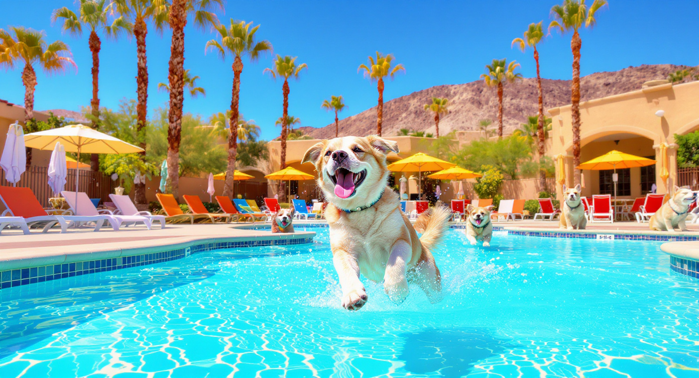 Happy dogs playing at a luxury pet boarding resort with pool in Scottsdale Arizona